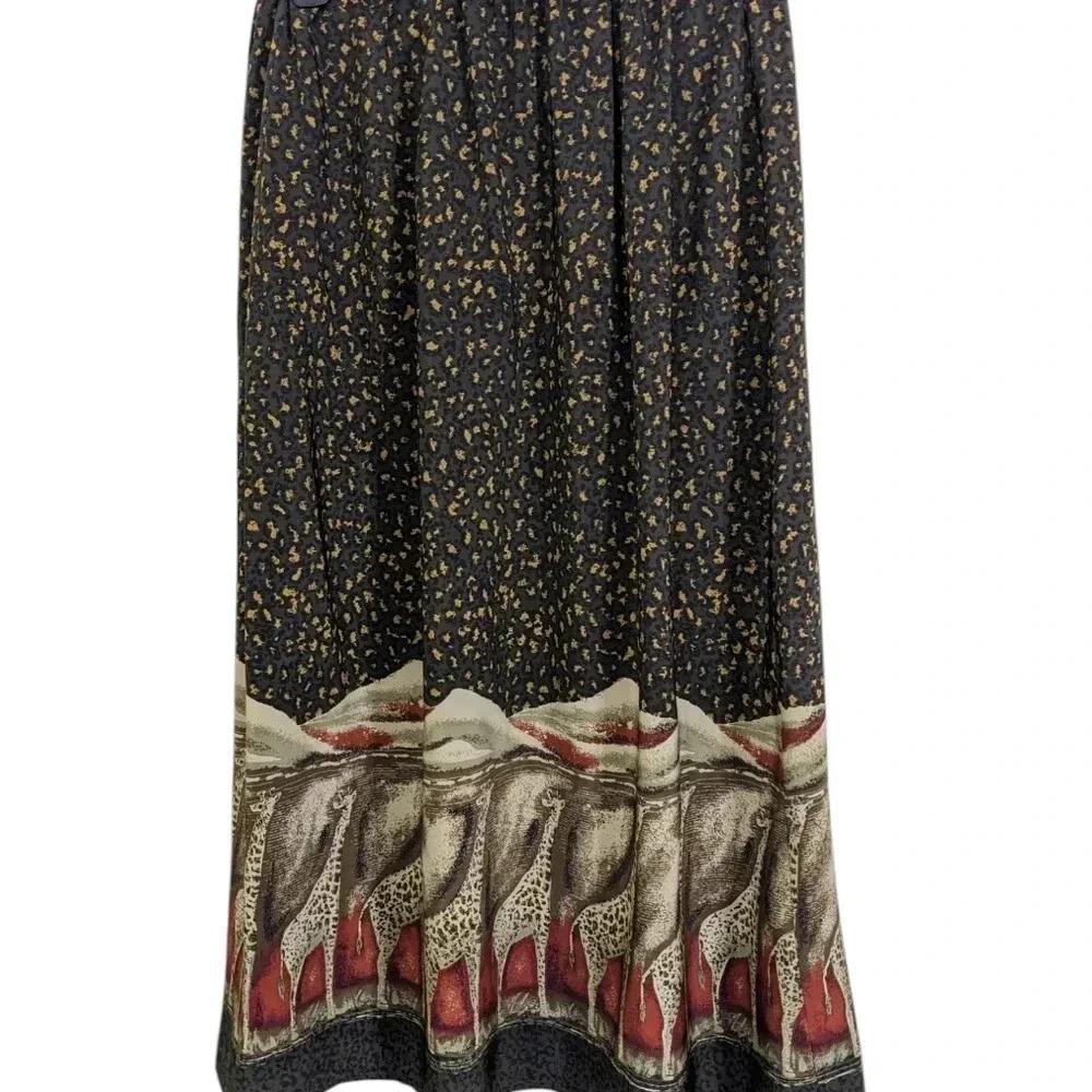 Vintage Midi Skirt Size 18 Animal Print Giraffe Safari Print Exotic Olive Green
